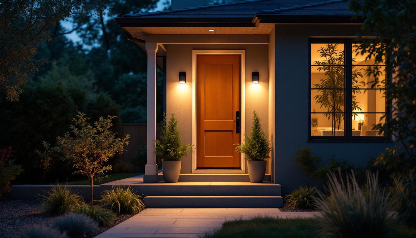 A photograph of a stylish solar power porch light illuminating an inviting outdoor entryway at dusk