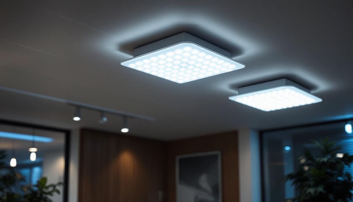 A photograph of a modern indoor space featuring 2x4 led fixtures installed in a ceiling
