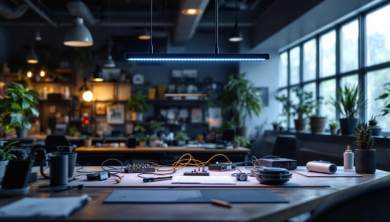 A photograph of a modern workspace featuring a sleek 2ft led light installation