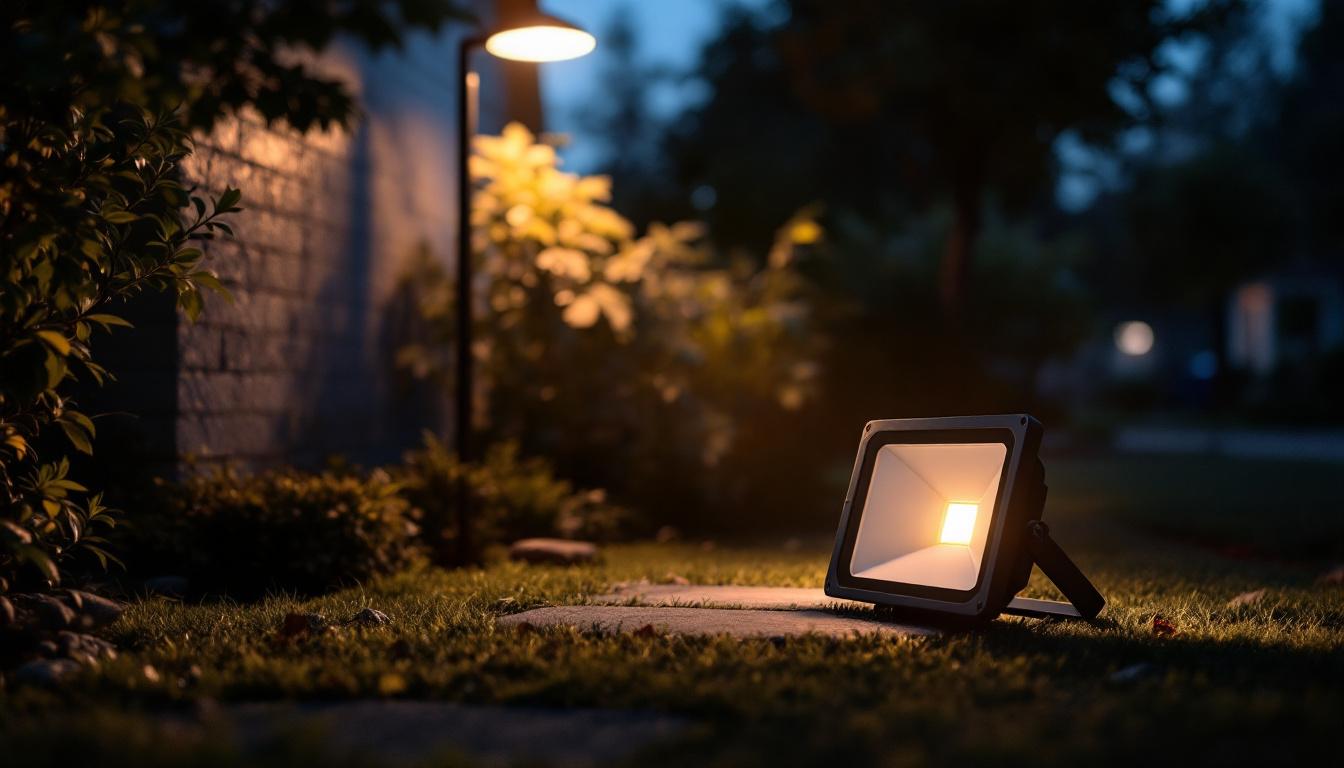 A photograph of a dusk-to-dawn flood light illuminating a serene outdoor setting