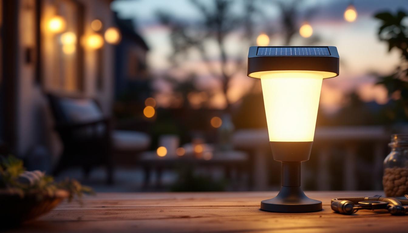 A photograph of a solar-powered porch light illuminating a cozy outdoor setting at dusk