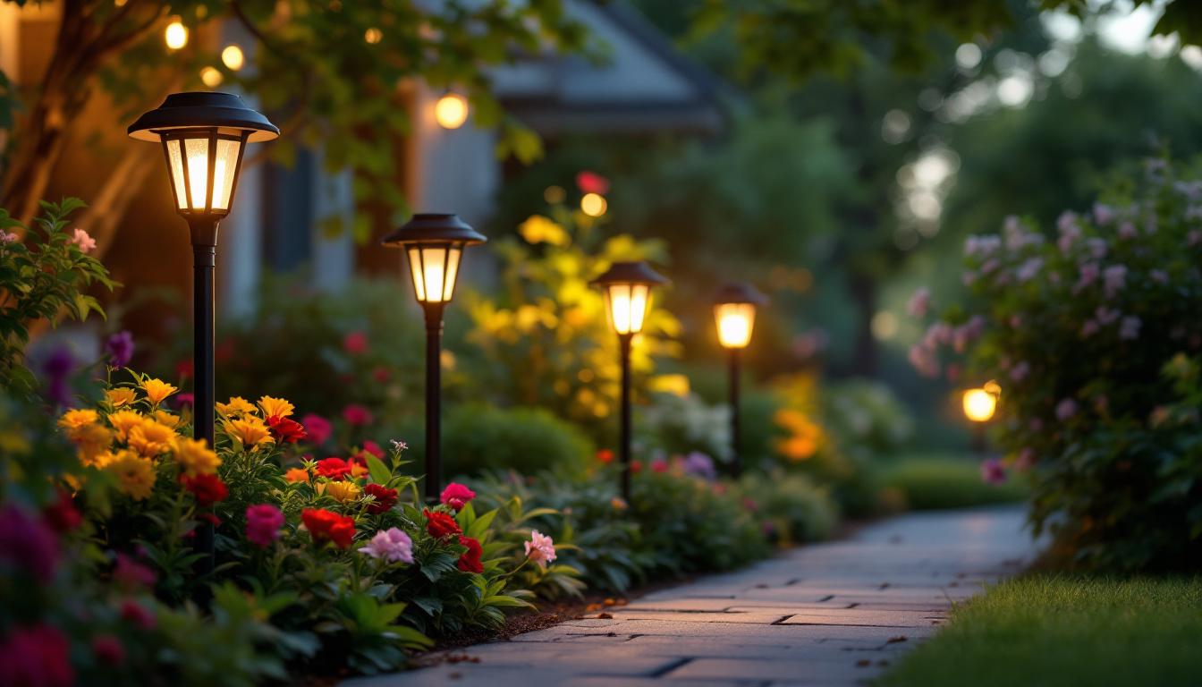 A photograph of a beautifully illuminated garden scene featuring various styles of solar garden post lamps in use