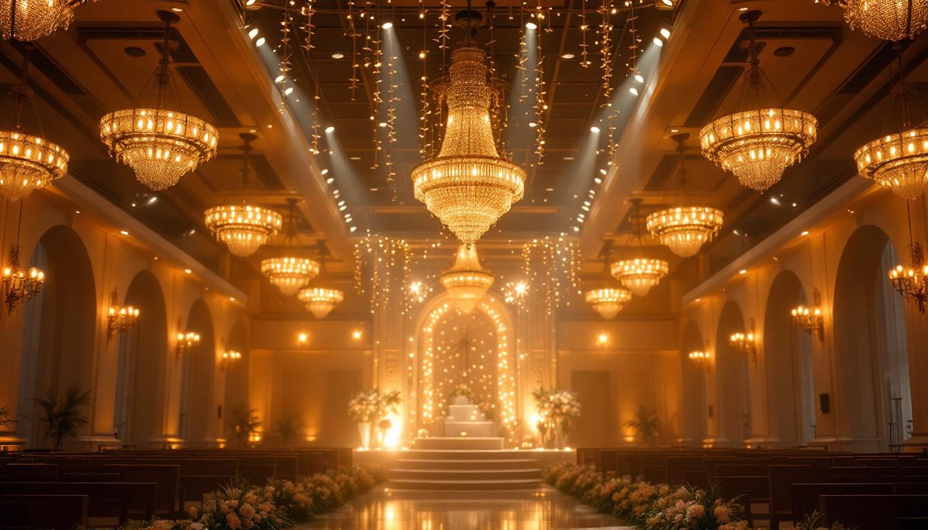 A photograph of a beautifully lit wedding hall showcasing various lighting fixtures in use