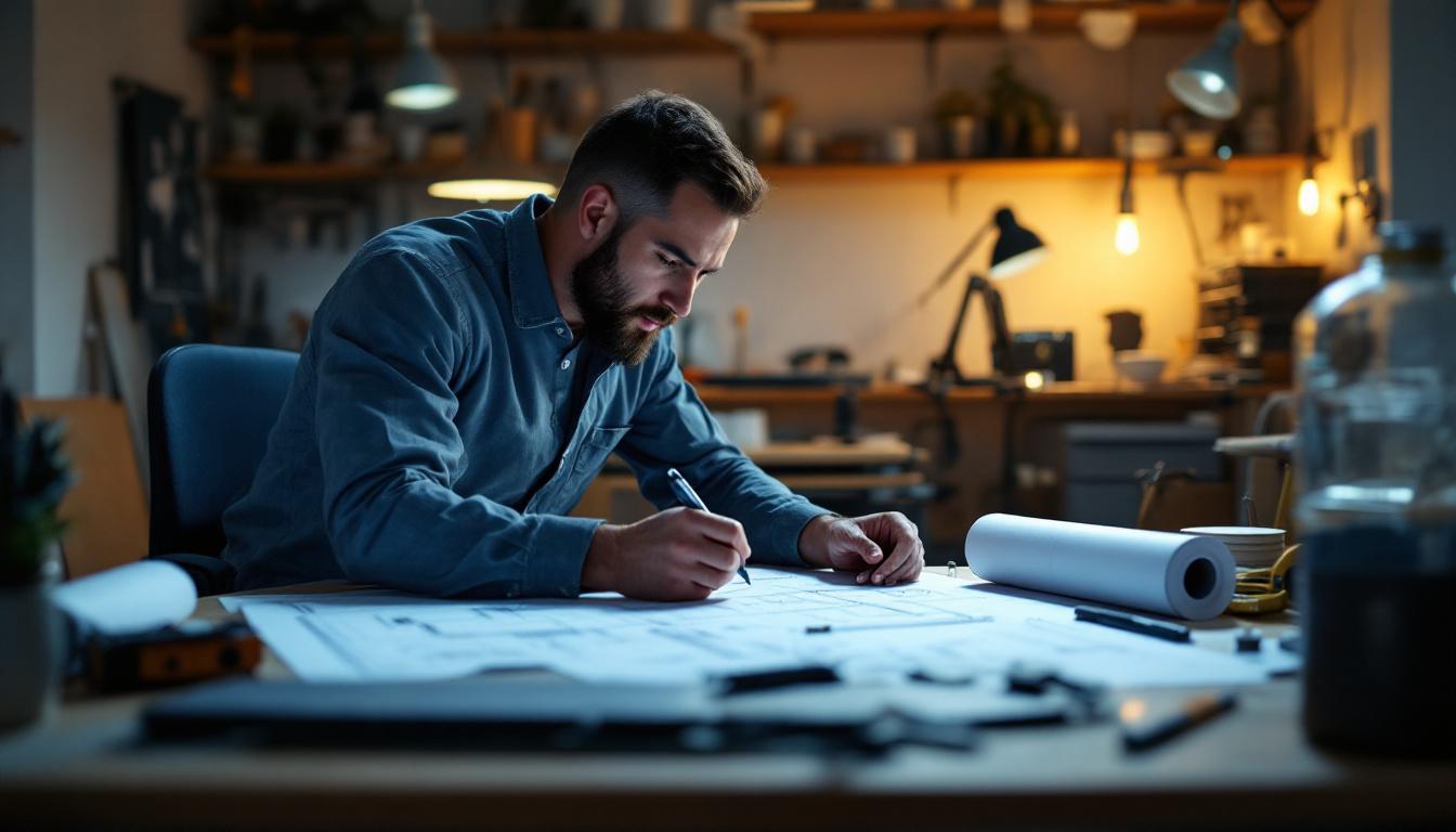 A photograph of a well-lit workspace featuring an electrical engineer calculating measurements and specifications for a 6-foot light fixture