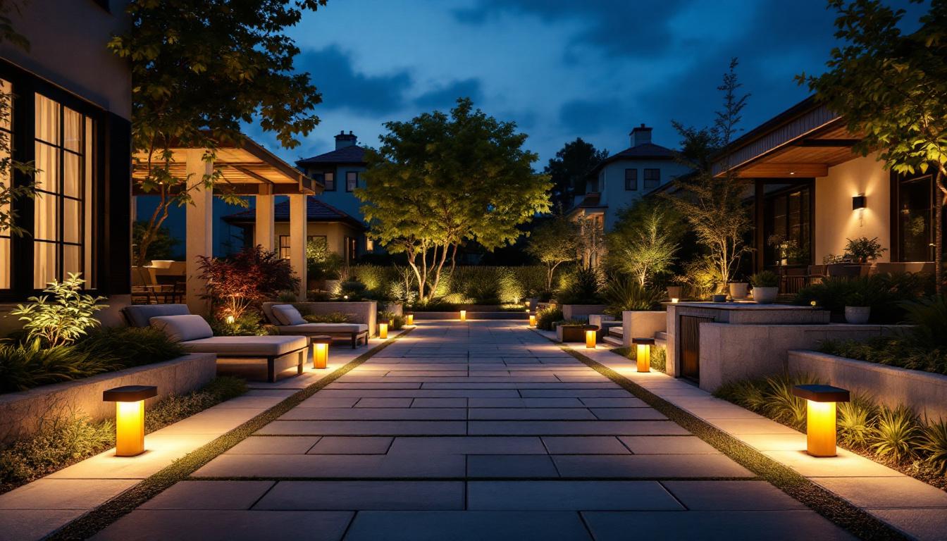 A photograph of capture a photograph of a well-lit outdoor area featuring various styles of commercial solar lights
