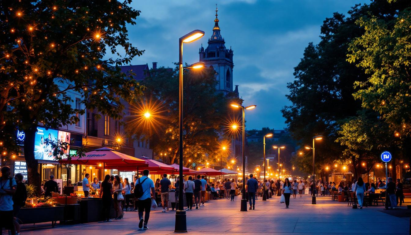 A photograph of a vibrant outdoor scene showcasing various led pole fixtures illuminating a public space at dusk