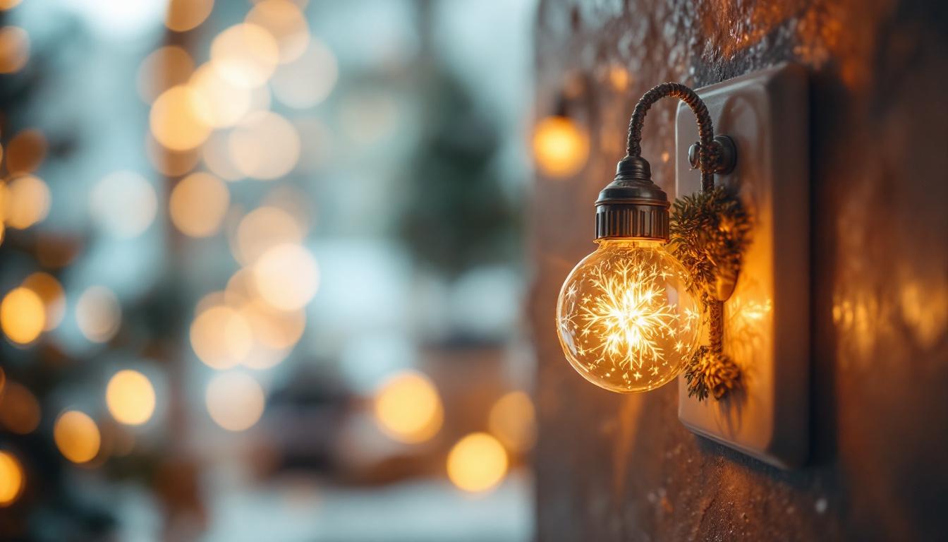 A photograph of a beautifully decorated christmas switch light in a cozy