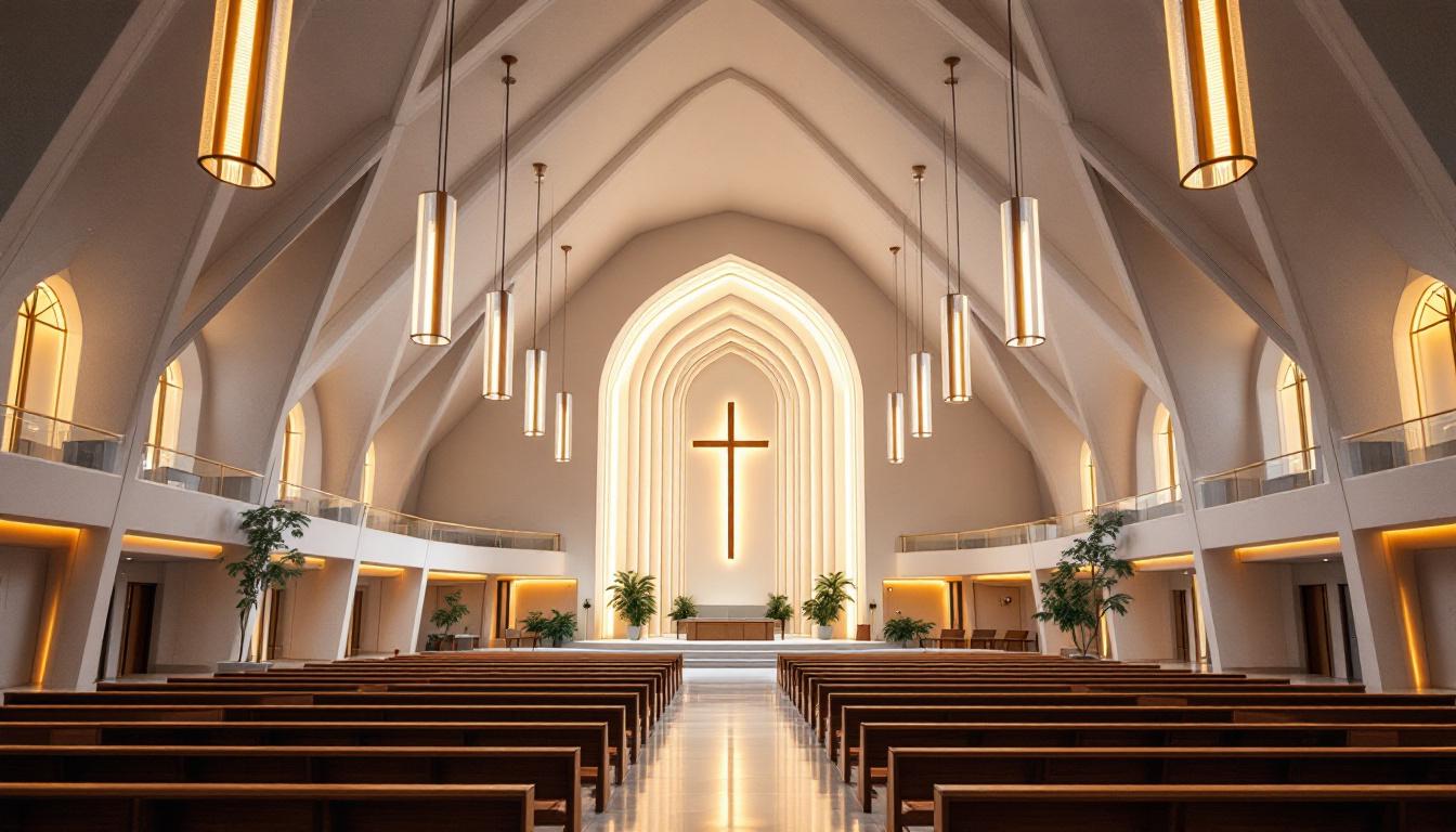 A photograph of a beautifully designed modern church interior showcasing innovative lighting fixtures that highlight the architectural features and create an inviting atmosphere