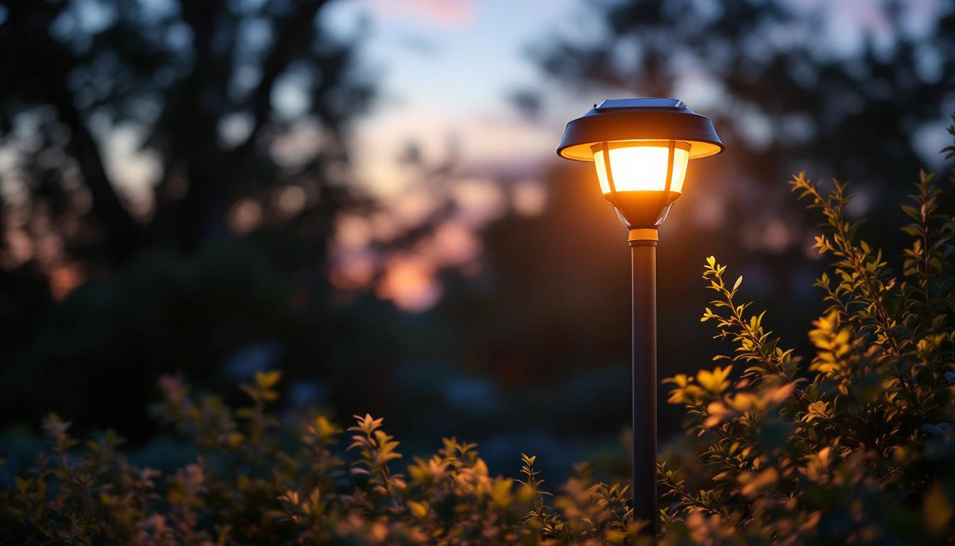 A photograph of a beautifully illuminated post mount solar lamp in a garden setting during twilight