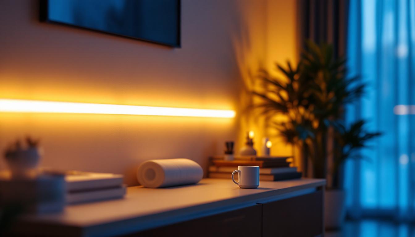 A photograph of capture a photograph of an 8-foot led light strip elegantly illuminating a modern living space