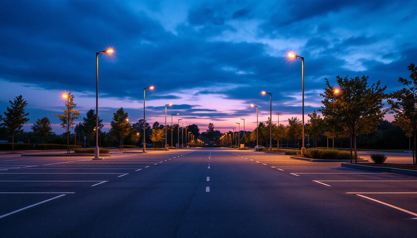 A photograph of a well-lit parking lot at dusk