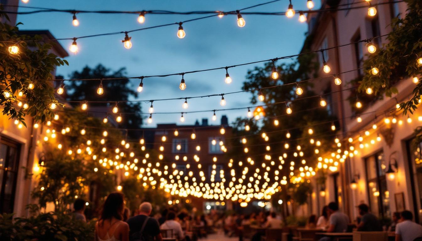 A photograph of a beautifully illuminated outdoor space showcasing commercial grade string lights in use
