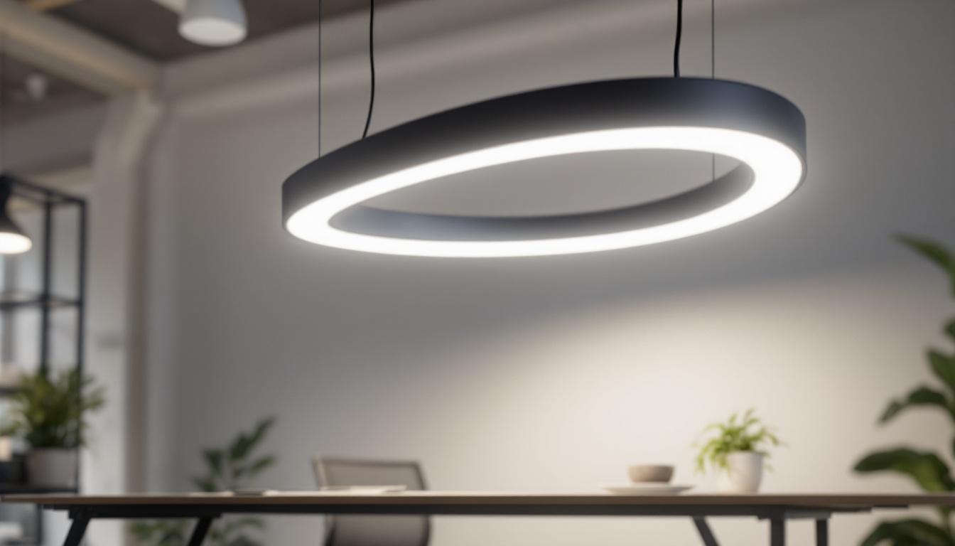A photograph of a sleek 4ft led wraparound light fixture installed in a modern workspace
