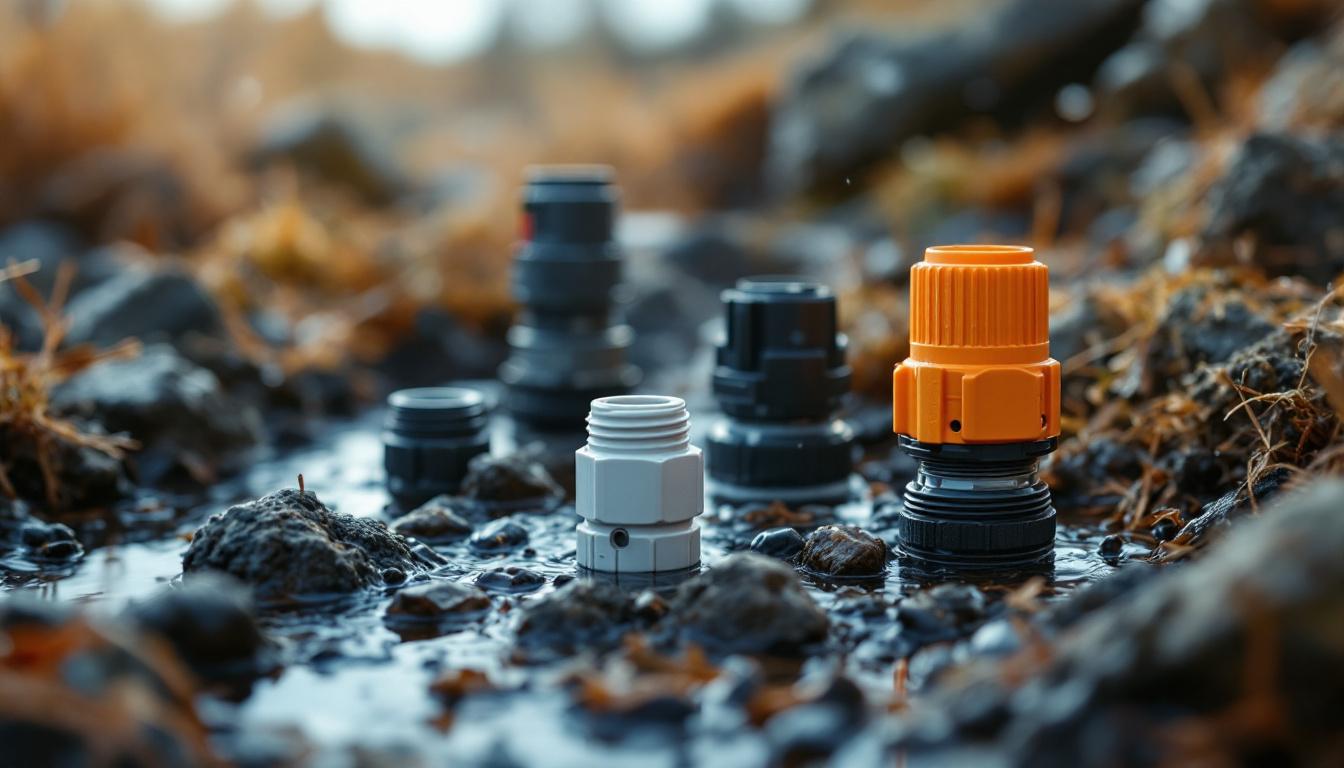 A photograph of a close-up shot of various waterproof electrical connectors in a rugged outdoor setting