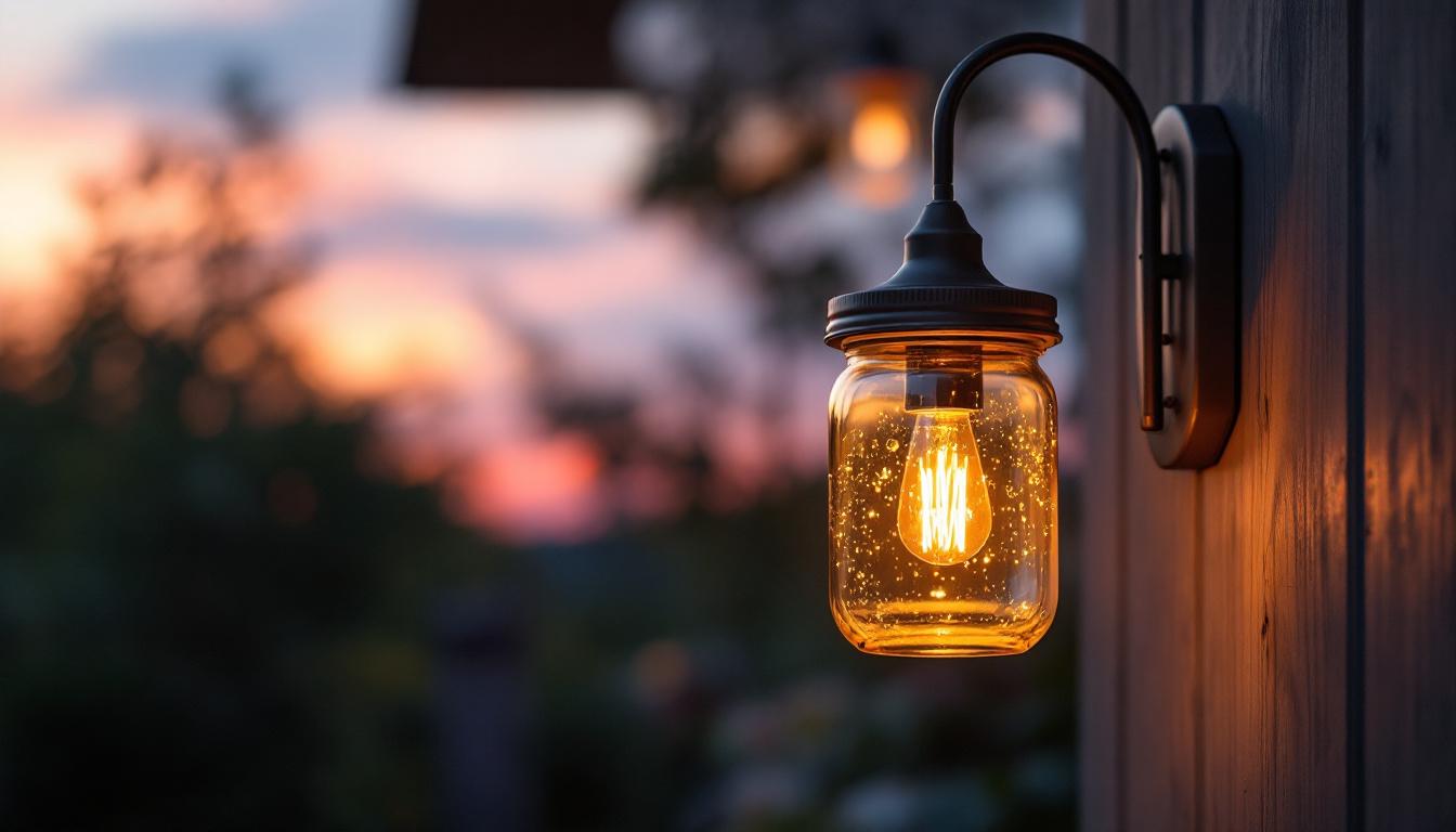 A photograph of a beautifully illuminated jelly jar exterior light fixture in a serene outdoor setting