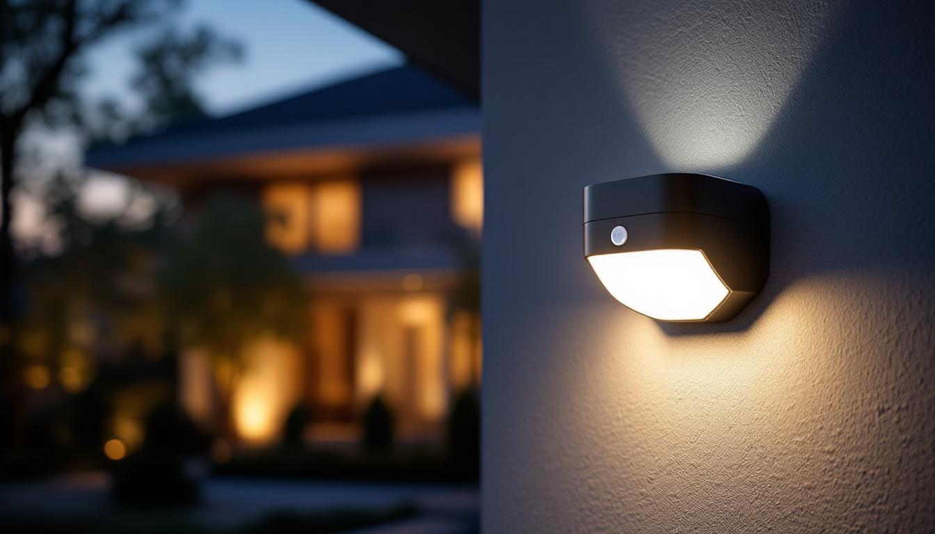A photograph of capture a photograph of a modern motion sensor exterior light fixture installed on the exterior of a home
