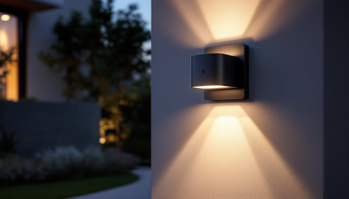 A photograph of a beautifully designed outdoor garage wall light installed in a stylish setting