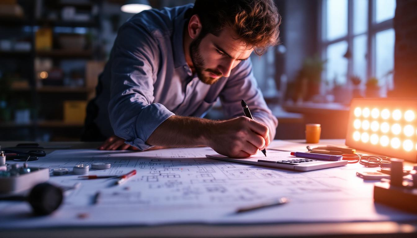 A photograph of a well-lit workspace featuring an electrical engineer calculating and analyzing 2x4 led fixtures