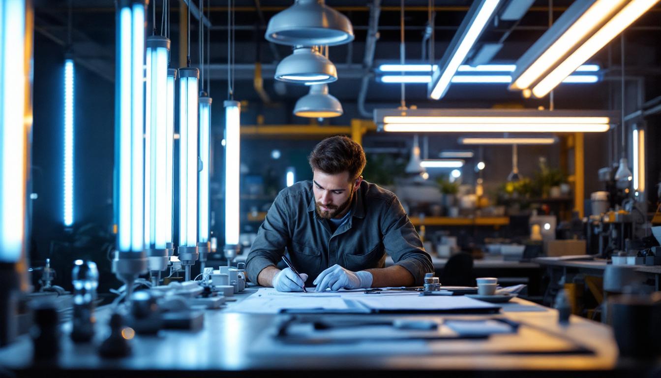 A photograph of a well-lit industrial workspace featuring various types of fluorescent lamps in use