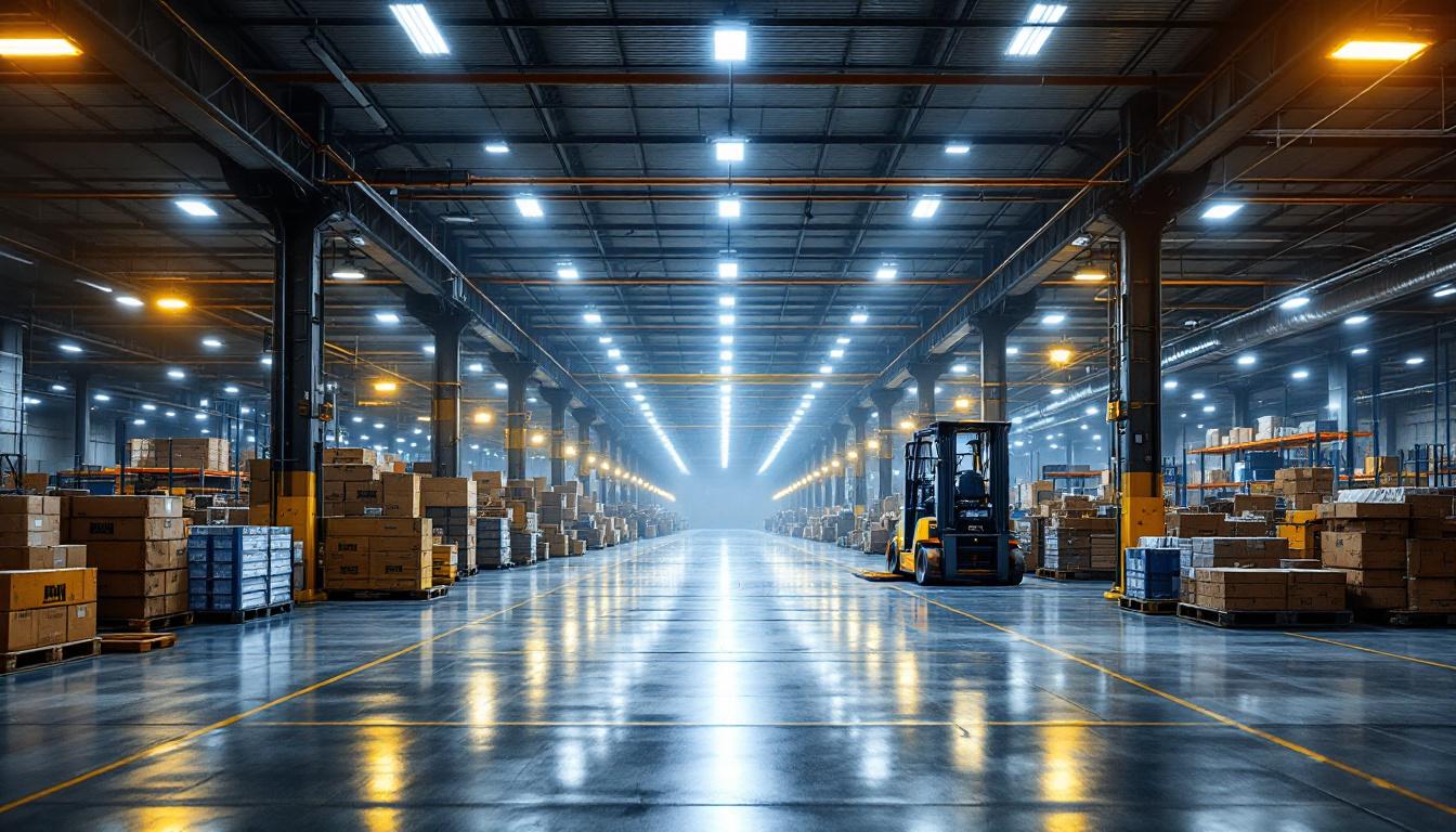 A photograph of a well-lit warehouse interior showcasing various led fixtures in use