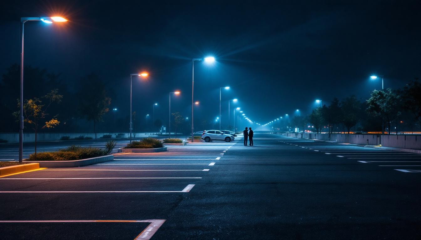 A photograph of a well-lit parking lot at night