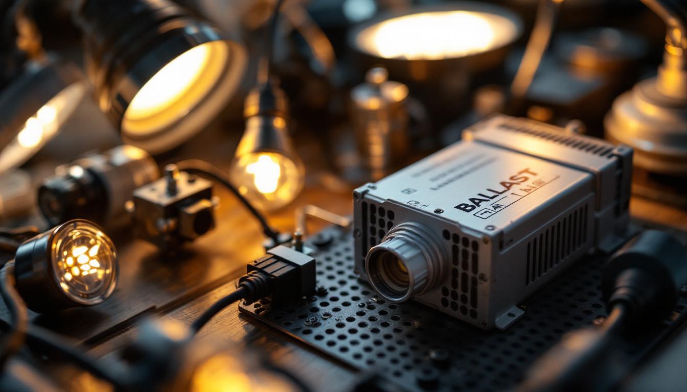 A photograph of a close-up view of a lighting ballast alongside various types of light fixtures