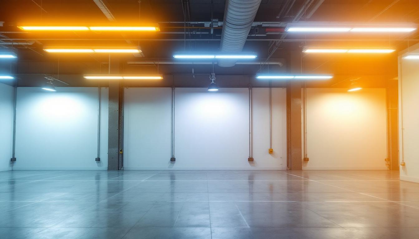 A photograph of a well-lit industrial workspace showcasing the effectiveness of fluorescent lighting