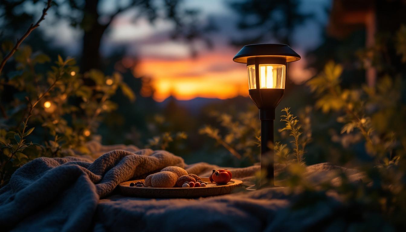 A photograph of a solar energy lamp illuminating a cozy outdoor setting at dusk