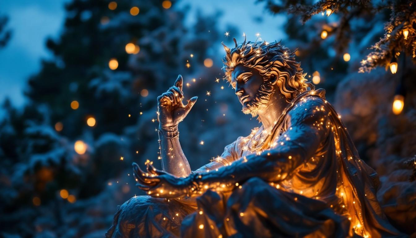 A photograph of a beautifully lit statue in an outdoor or indoor setting