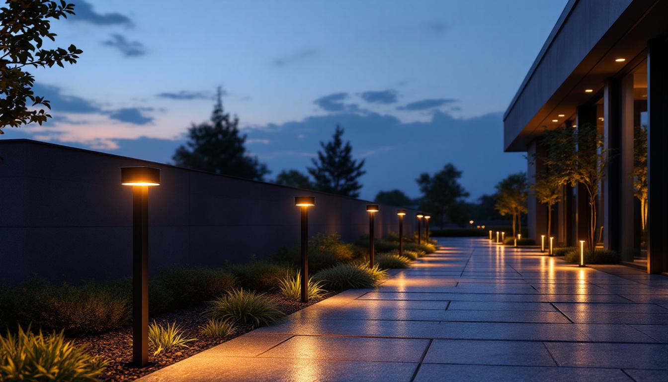 A photograph of a modern outdoor space featuring solar-powered up and down lights illuminating pathways and landscaping at dusk