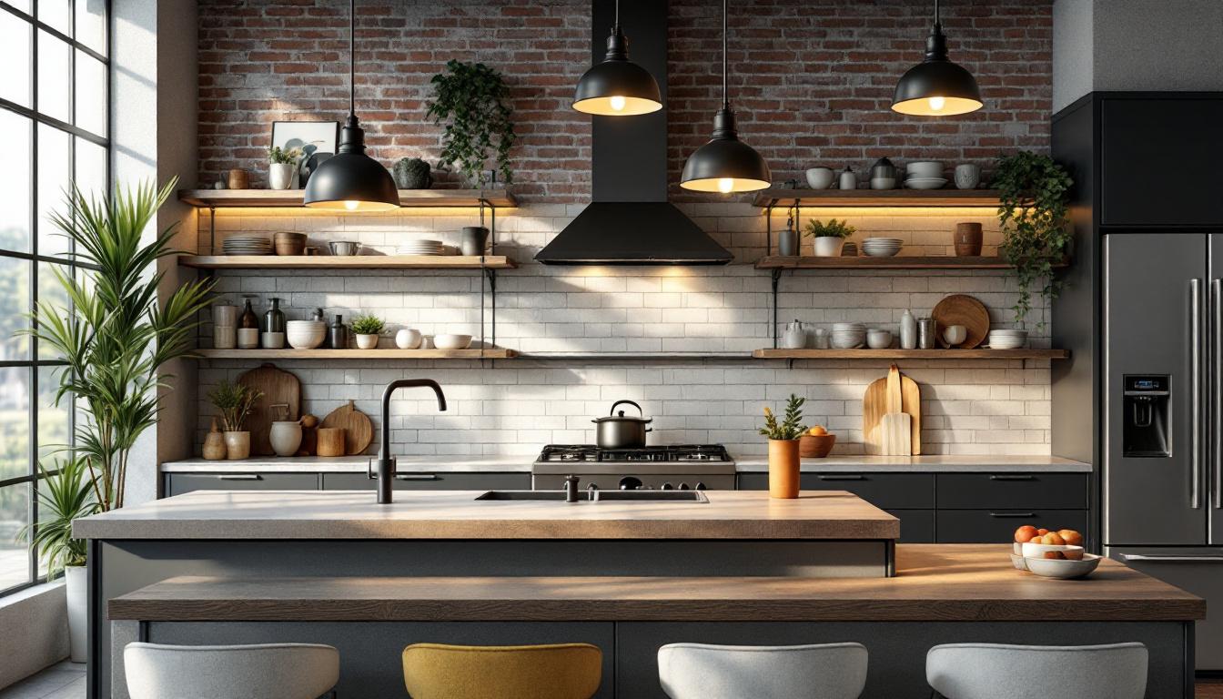 A photograph of a stylish industrial kitchen island featuring pendant lights