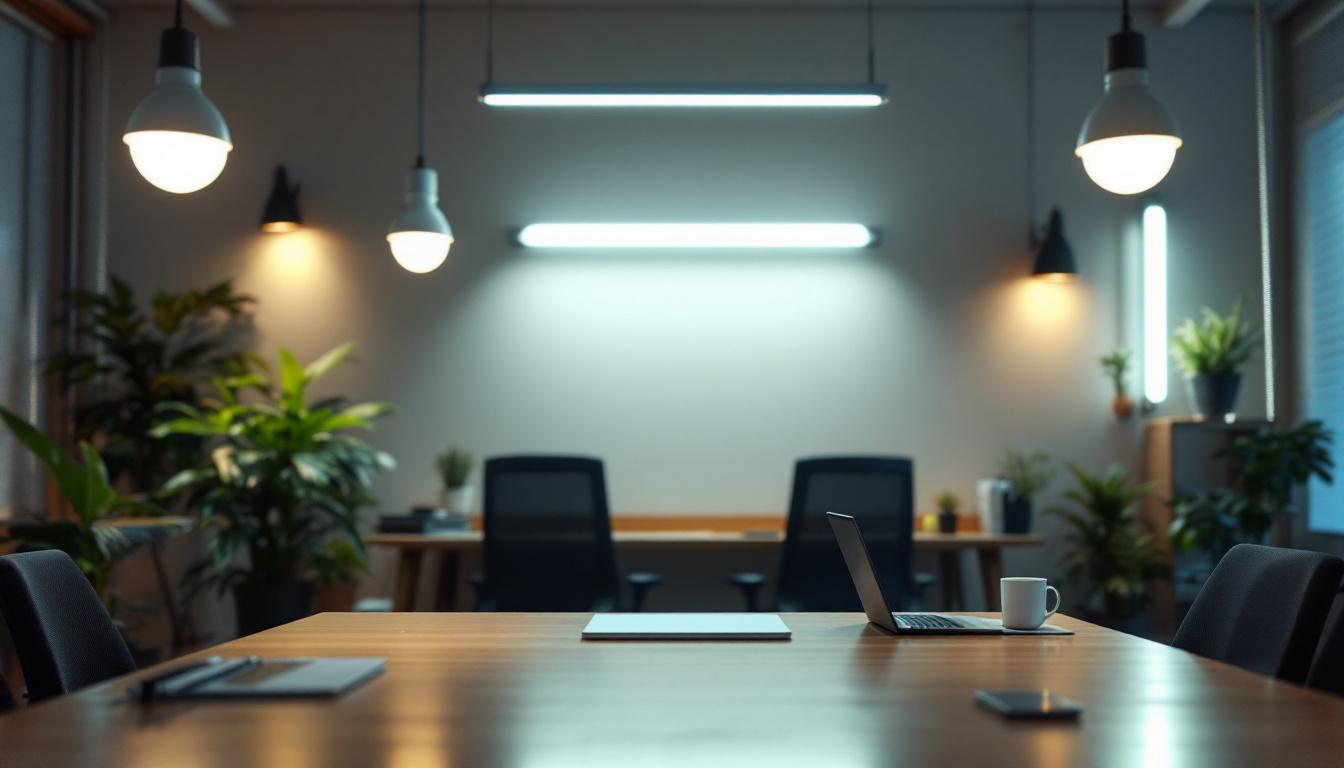 A photograph of a well-lit workspace featuring 4-foot led fluorescent bulbs installed in a modern lighting design