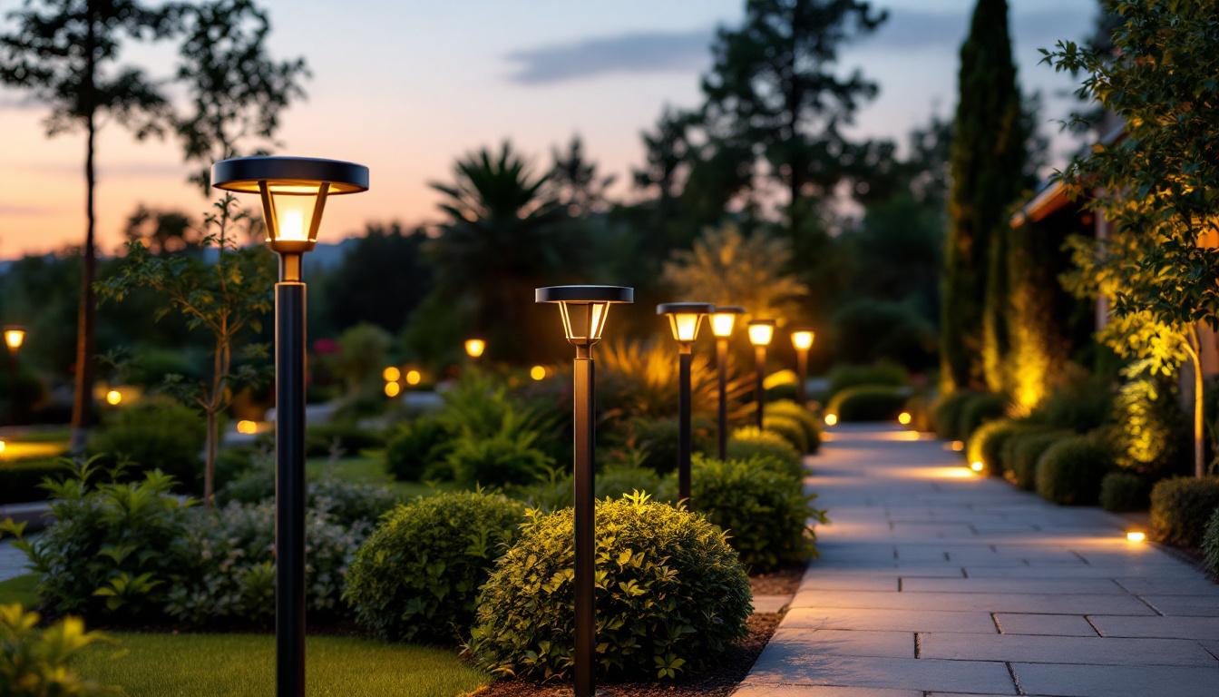 A photograph of a beautifully landscaped outdoor setting illuminated by stylish solar post lights at dusk