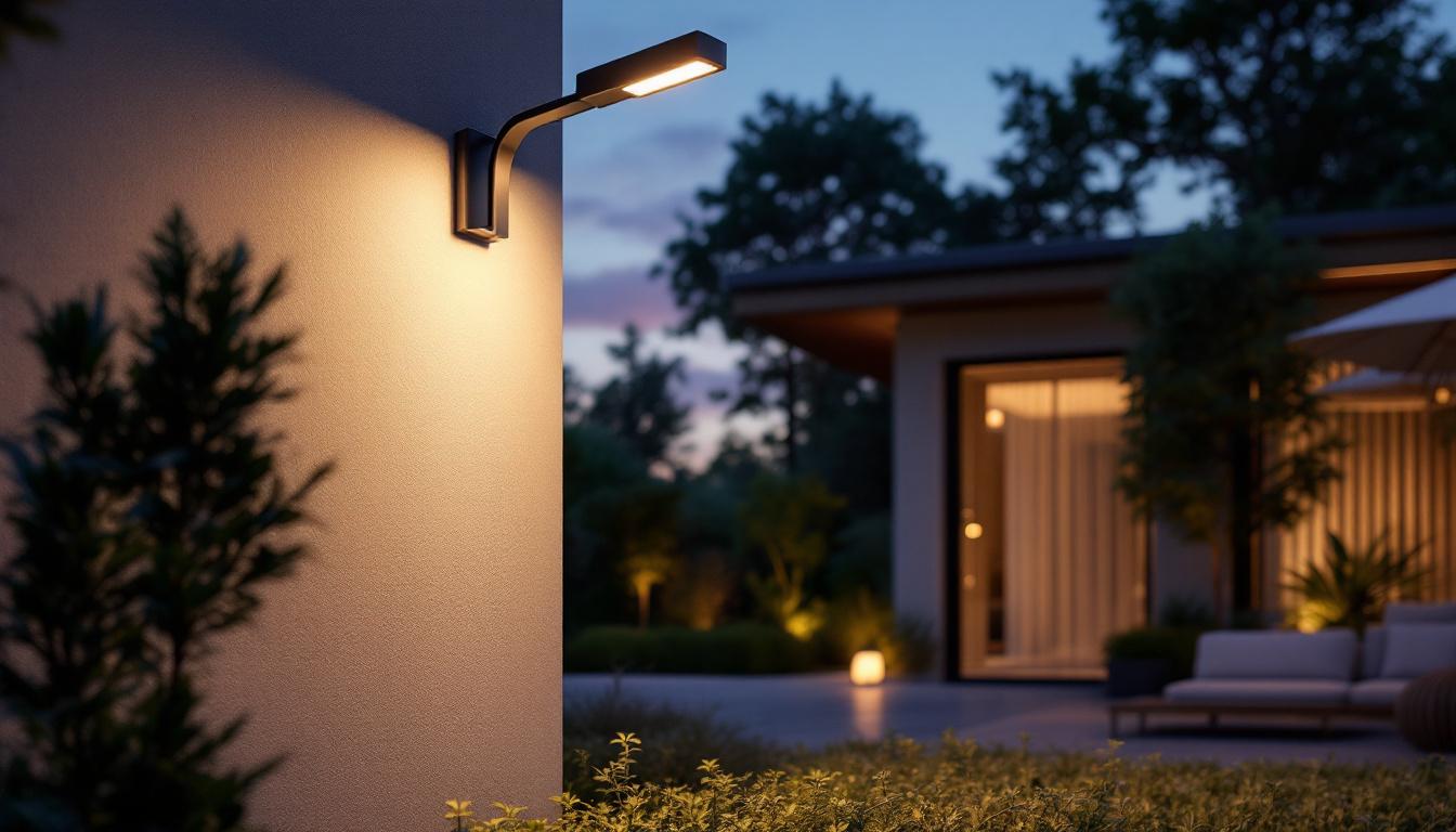 A photograph of a beautifully designed large gooseneck outdoor light installed in a stylish outdoor setting