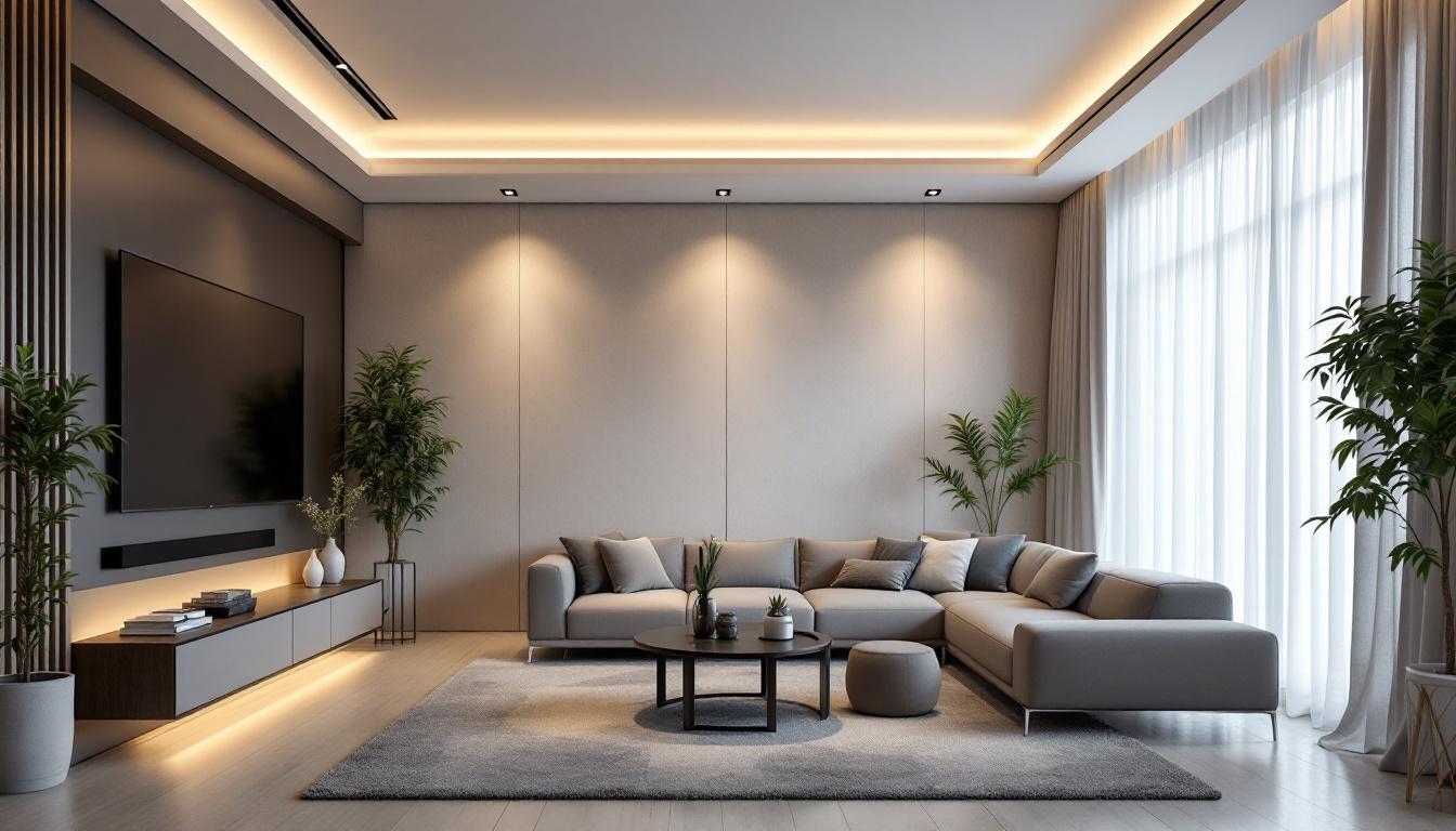 A photograph of a stylish living room featuring low ceiling lights that highlight the space's design