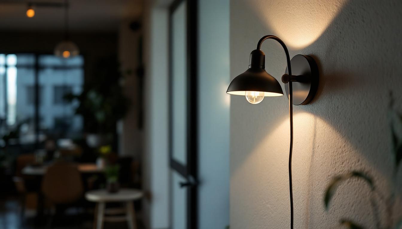 A photograph of a stylish wall-mounted gooseneck lamp in a well-lit interior setting