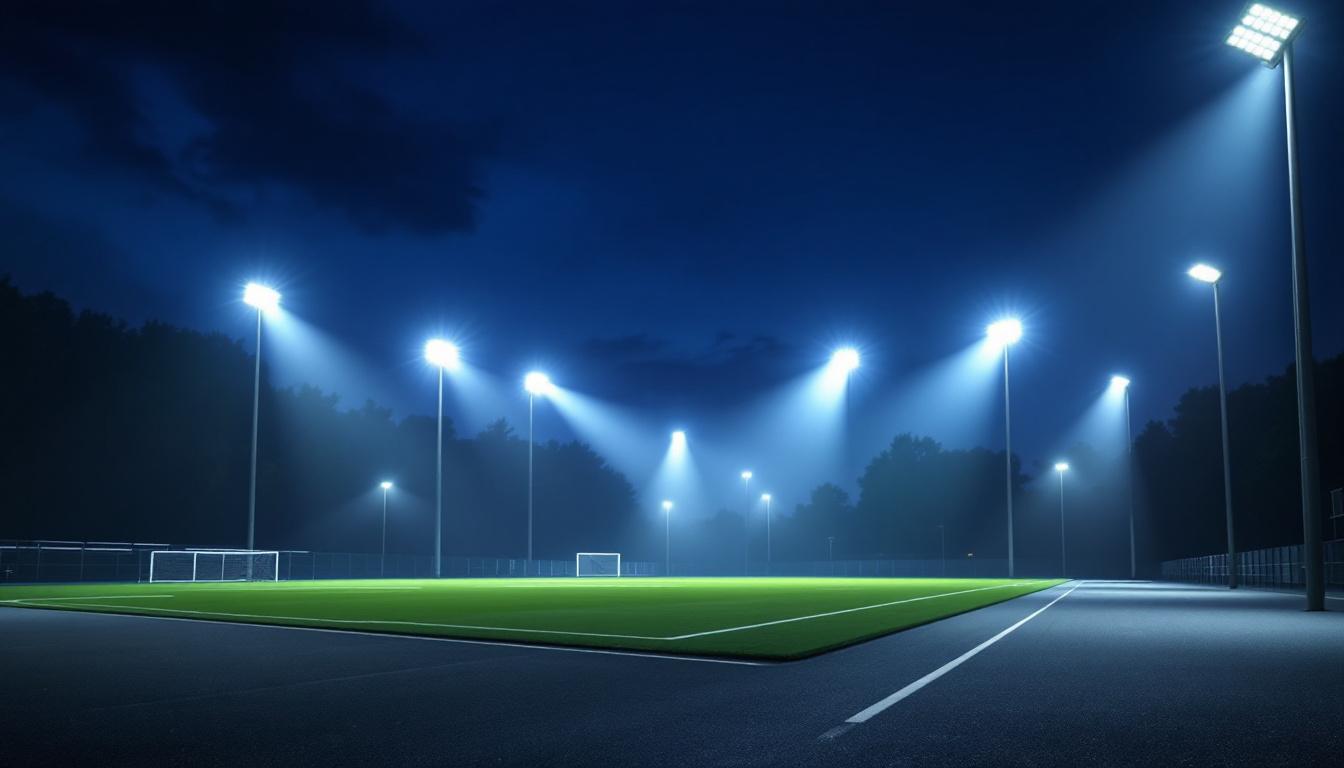 A photograph of a well-lit outdoor space showcasing commercial led flood light fixtures in action