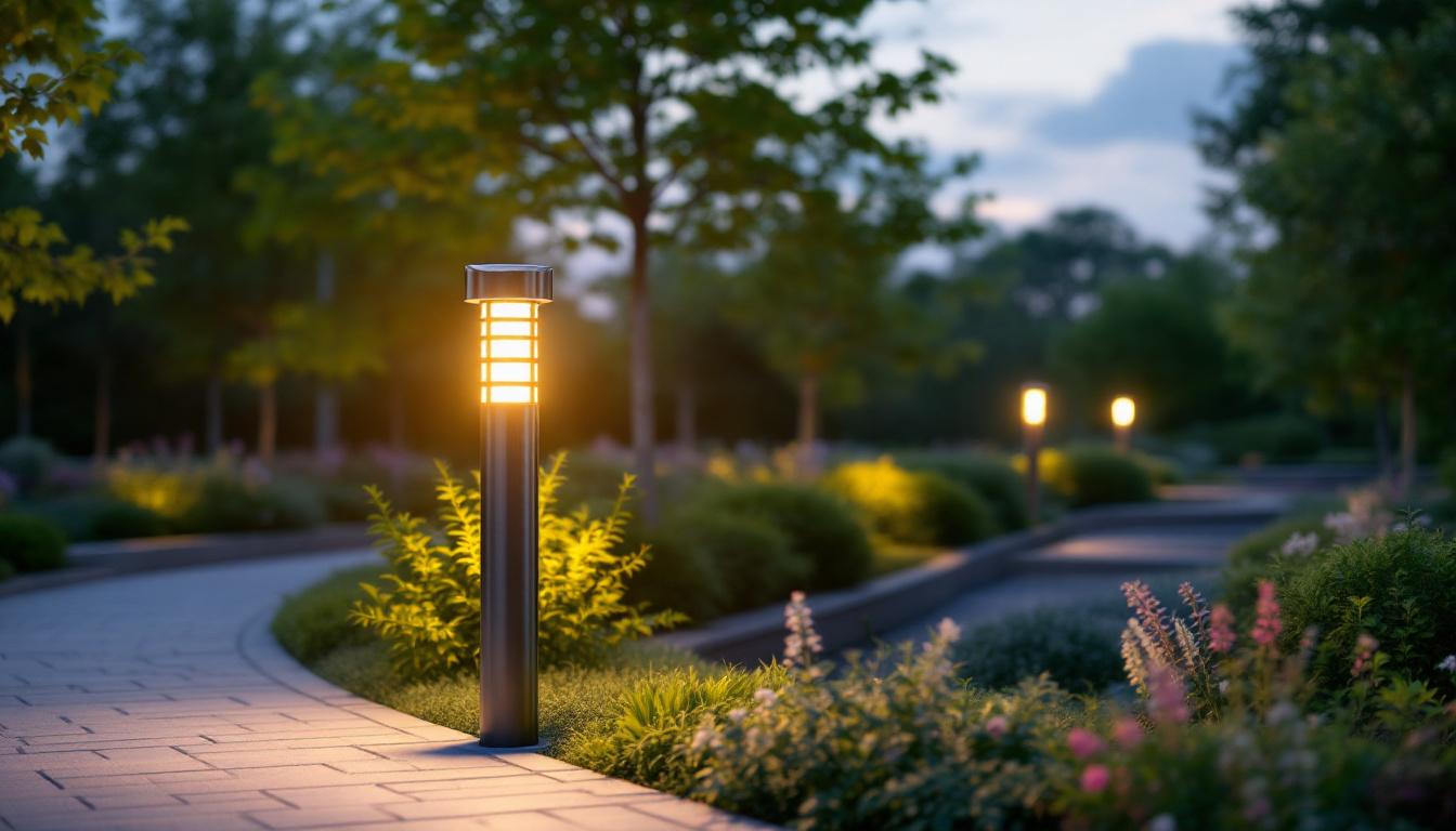 A photograph of capture a photograph of a solar-powered bollard light illuminated at dusk in a landscaped outdoor setting