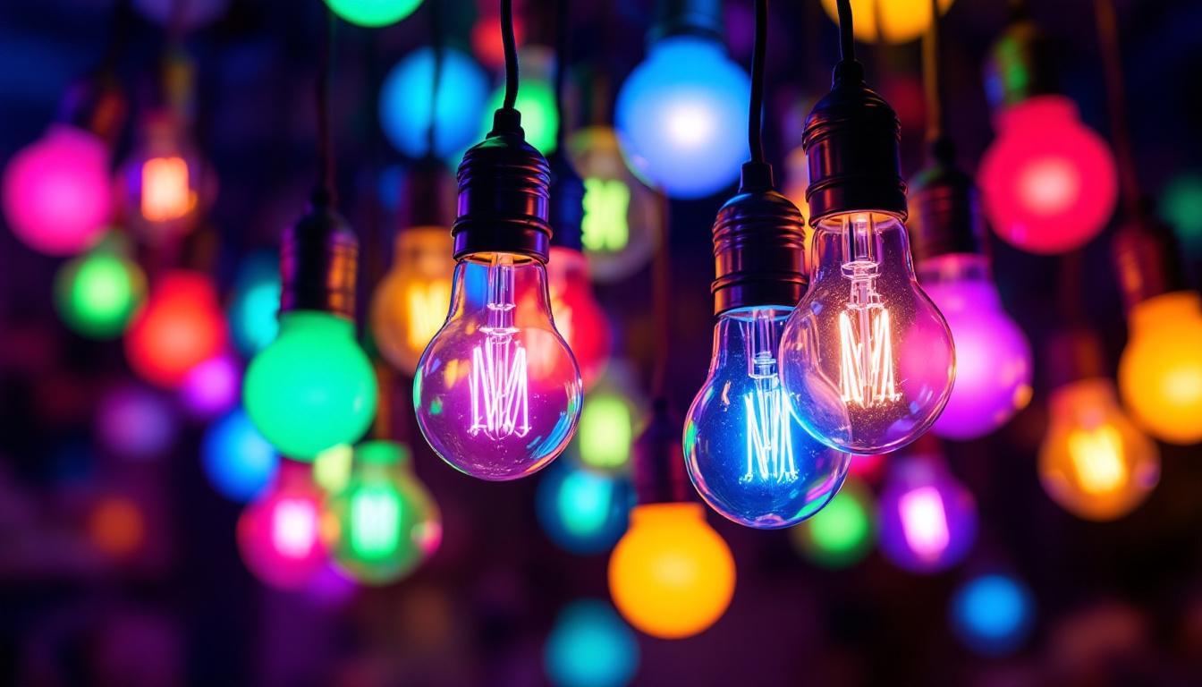 A photograph of a vibrant arrangement of colored flood bulbs illuminating a space