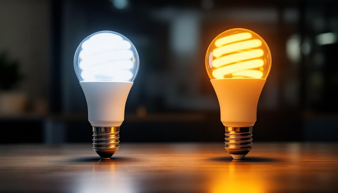 A photograph of a side-by-side comparison of t5 and t8 fluorescent bulbs illuminated in a modern setting
