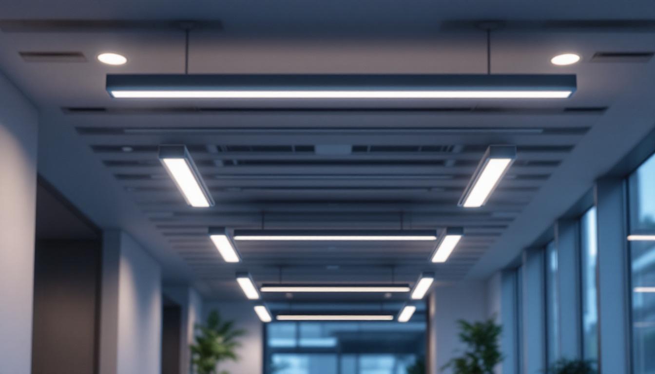 A photograph of a modern office or commercial space featuring recessed fluorescent tube lighting fixtures in use
