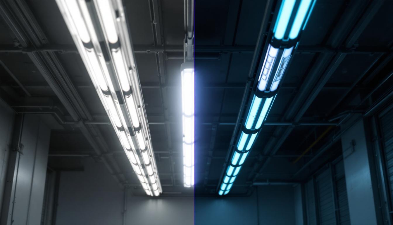 A photograph of a side-by-side comparison of an 8-foot fluorescent light fixture and its led equivalent
