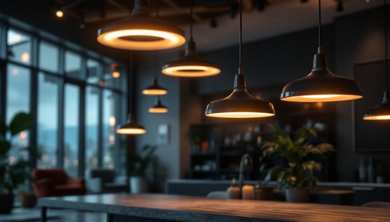 A photograph of a modern interior space featuring stylish hanging led fixtures