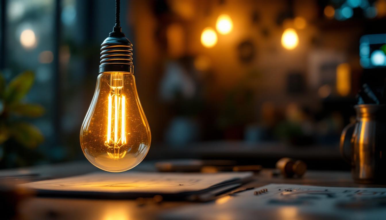A photograph of a corn cob light bulb illuminated in a cozy