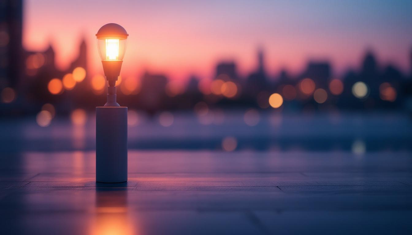 A photograph of a serene dusk-to-dawn lighting scene that highlights the transition from warm
