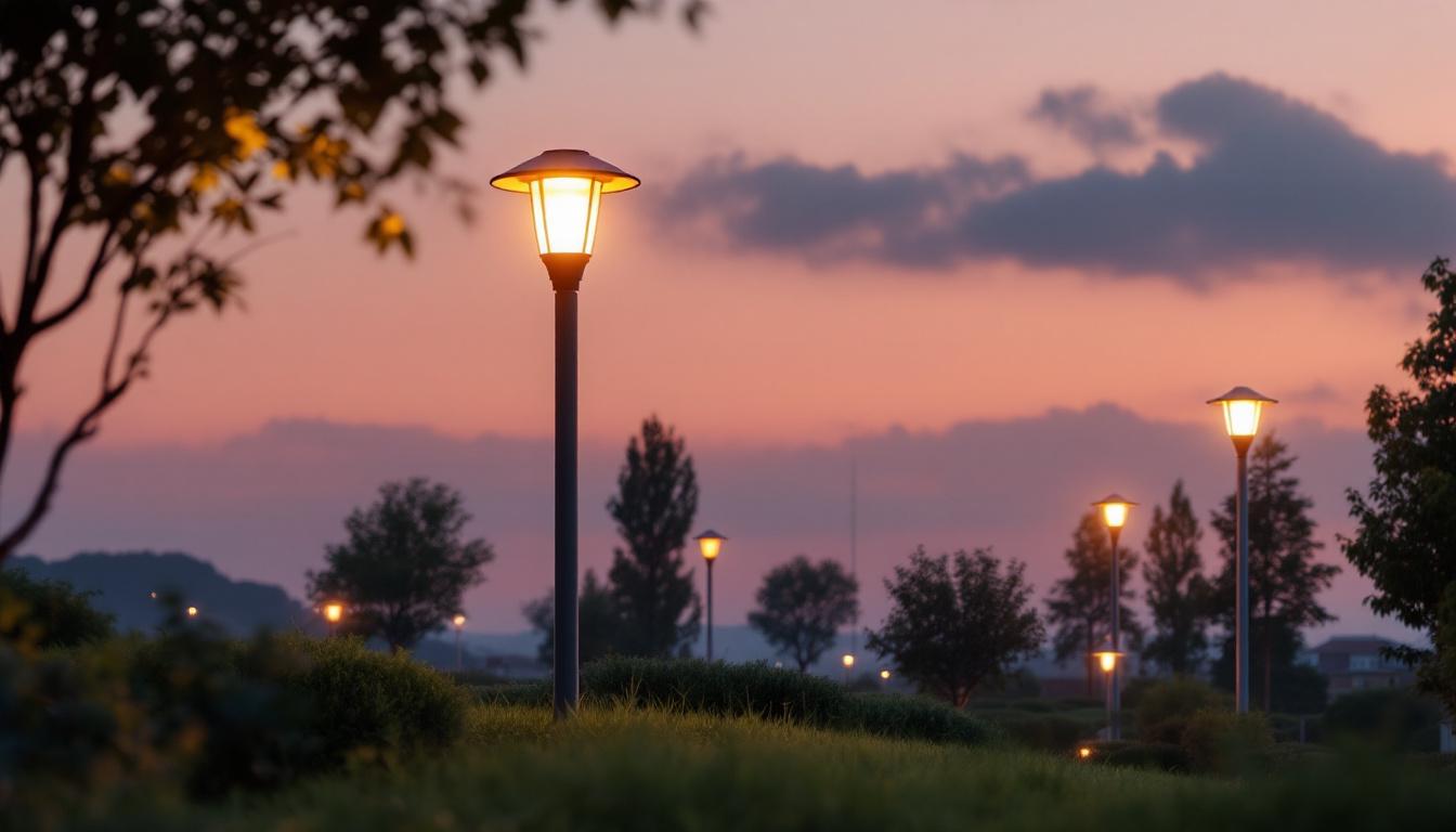 A photograph of a well-lit outdoor scene featuring various styles of light poles