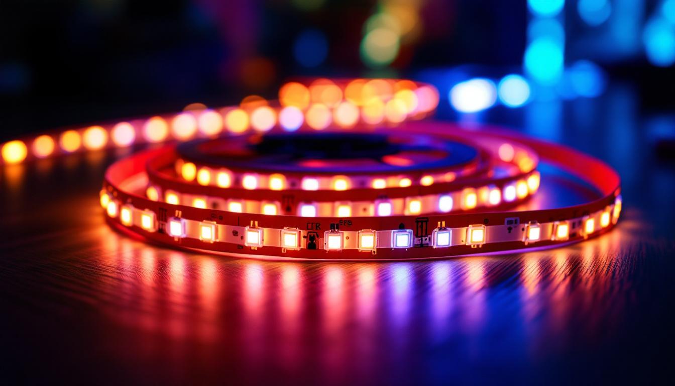 A photograph of capture a photograph of a vibrant led strip installation in a dimly lit environment