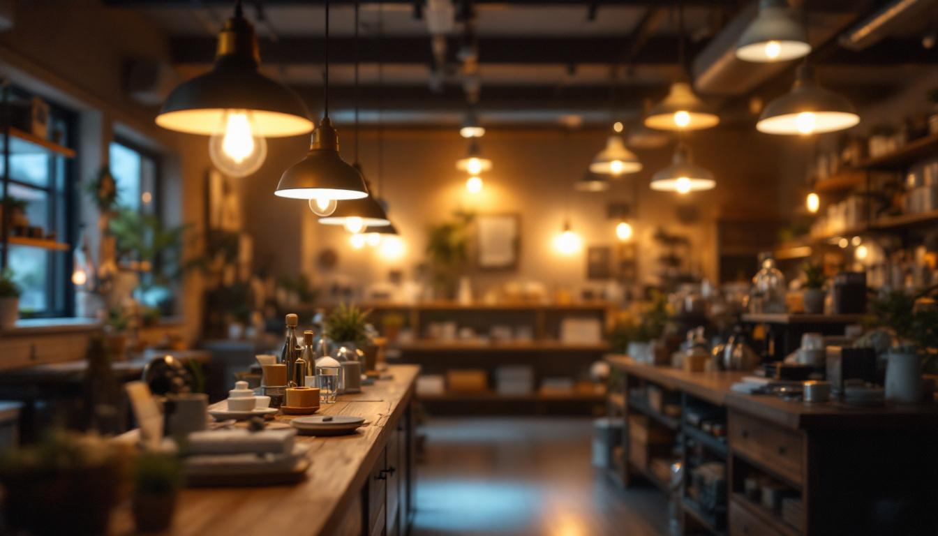 A photograph of a well-lit shop interior showcasing various energy-efficient shop lights in use