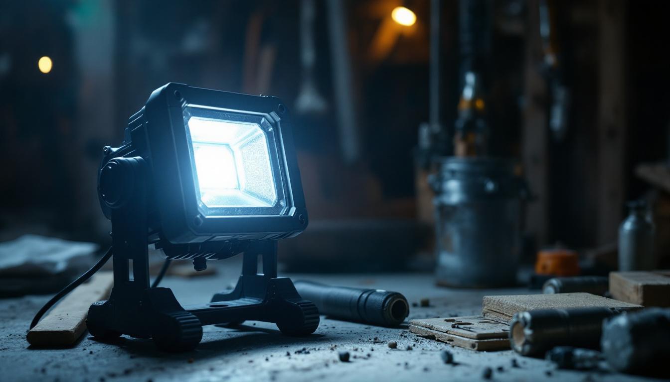 A photograph of a halogen construction light illuminating a worksite