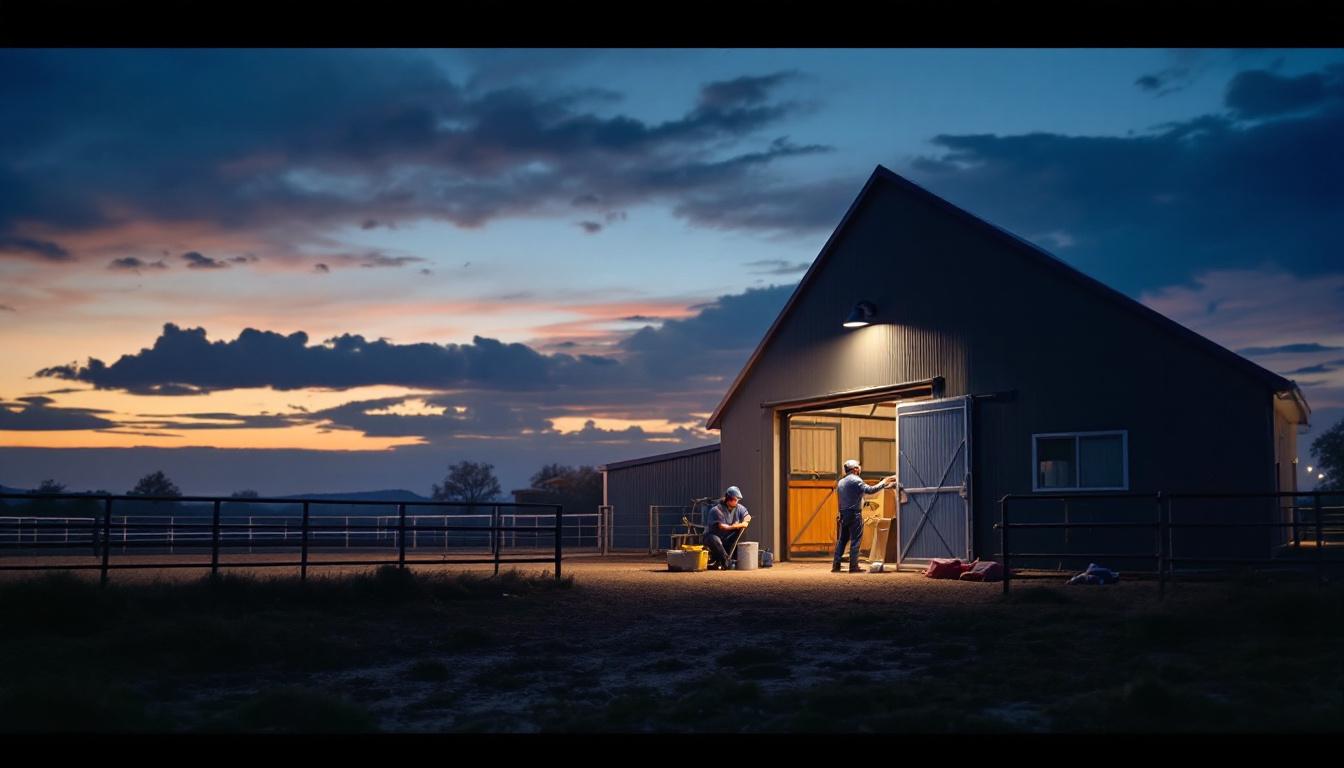 A photograph of a well-lit horse arena at dusk